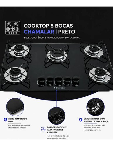 Fogão Cooktop Gás 5 Bocas Ultra Chama 127v/220v Preto