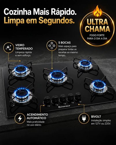 Fogão Cooktop Gás 5 Bocas Ultra Chama 127v/220v Preto