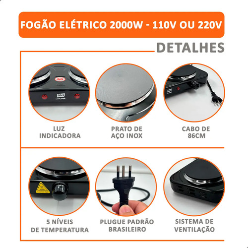 Fogão de Mesa Elétrico INMA de 2 Bocas para Camping e Viagem, em Inox