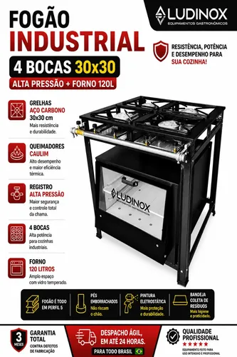 Fogão Industrial 4 Bocas Alta Pressão Com Forno 100l 80x73cm