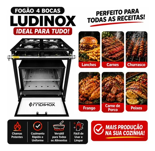 Fogão Industrial 4 Bocas Alta Pressão Com Forno 100l 80x73cm