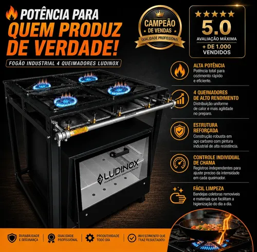 Fogão Industrial 4 Bocas Alta Pressão Com Forno 100l 80x73cm