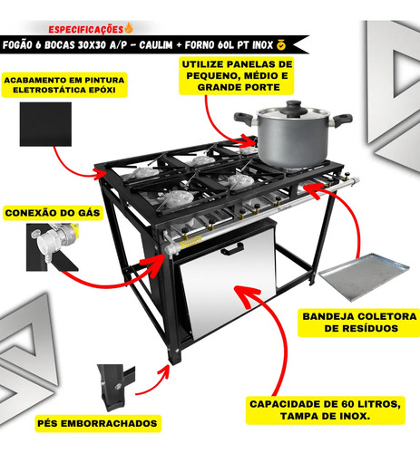 Fogão Industrial Econômico 6 Bocas C/ Forno 60 Litro Pt Inox Preto Não Há