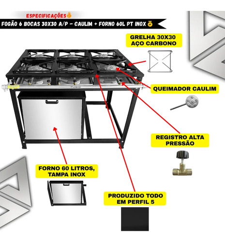 Fogão Industrial Econômico 6 Bocas C/ Forno 60 Litro Pt Inox Preto Não Há