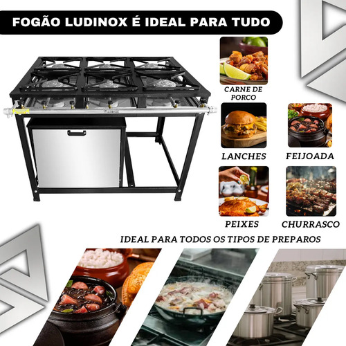 Fogão Industrial Econômico 6 Bocas C/ Forno 60 Litro Pt Inox Preto Não Há