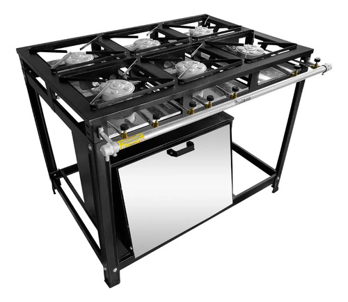 Fogão Industrial Econômico 6 Bocas C/ Forno 60 Litro Pt Inox Preto Não Há