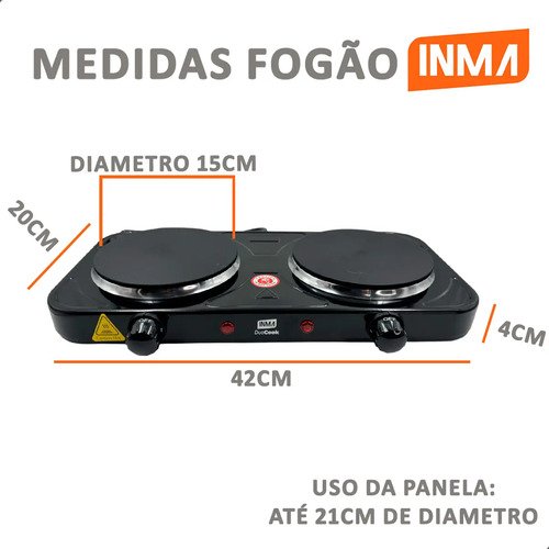 Fogão Inma Cooktop Elétrico 2 Bocas 2000w Portátil Elétrico Mesa Fogareiro Chapa Inma Mesa Camping Automático Viagens Inox Pesca Prático Resistente Viagem Casa Trabalho Potente Disco Cozinha