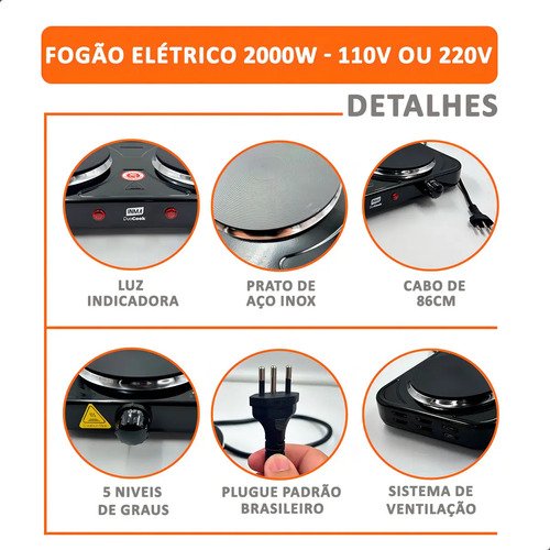 Fogão Inma Cooktop Elétrico 2 Bocas 2000w Portátil Elétrico Mesa Fogareiro Chapa Inma Mesa Camping Automático Viagens Inox Pesca Prático Resistente Viagem Casa Trabalho Potente Disco Cozinha