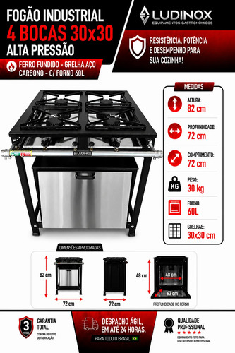 Fogão Ludinox Industrial 4 Bocas Alta Pressão C/ Forno 60 L