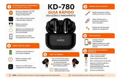 Fone Bluetooth 5.4 Sem Fio Tws Kaidi Kd780 Graves Potentes