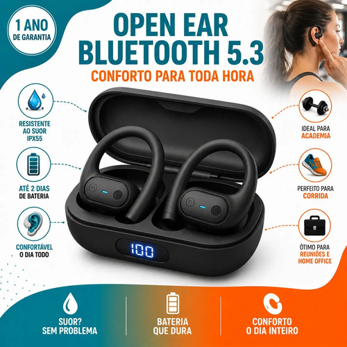 Fone bluetooth ows open ear sem fio esportivo com display di