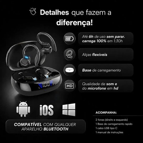 Fone de Ouvido Bluetooth 5.3 Tws Sem Fio Esportivo Compatível Com iPhone Samsung Xiaomi Motorola Com Gancho Premium KAPBOM Preto