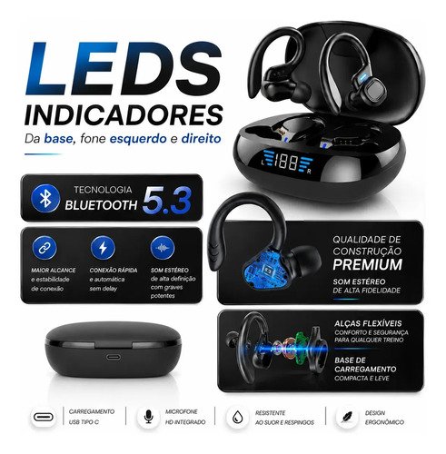 Fone de Ouvido Bluetooth 5.3 Tws Sem Fio Esportivo Compatível Com iPhone Samsung Xiaomi Motorola Com Gancho Premium KAPBOM Preto