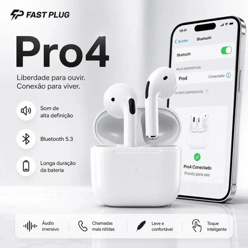 Fone De Ouvido Bluetooth Sem Fio Bateria de Longa Duração Pro 4 Branco Conecta Rápido Fast Plug Com Case Carregador E Microfone