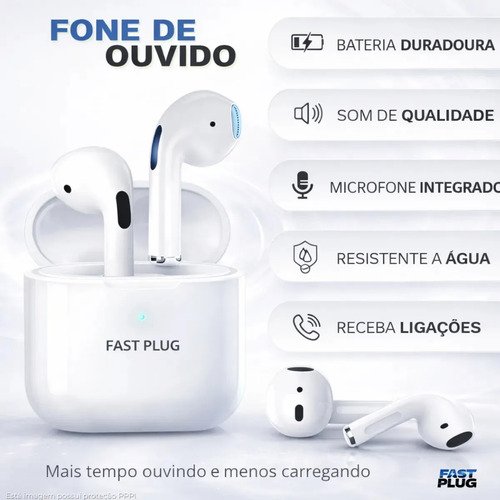 Fone De Ouvido Bluetooth Sem Fio Bateria de Longa Duração Pro 4 Branco Conecta Rápido Fast Plug Com Case Carregador E Microfone