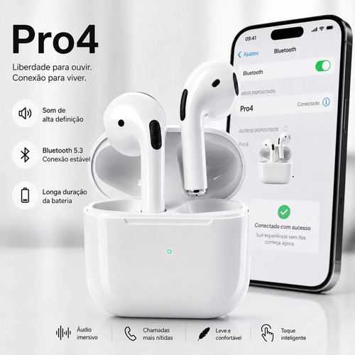 Fone De Ouvido Bluetooth Sem Fio Bateria de Longa Duração Pro 4 Branco Conecta Rápido Fast Plug Com Case Carregador E Microfone