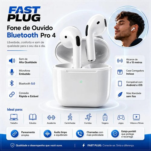 Fone De Ouvido Bluetooth Sem Fio Bateria de Longa Duração Pro 4 Branco Conecta Rápido Fast Plug Com Case Carregador E Microfone