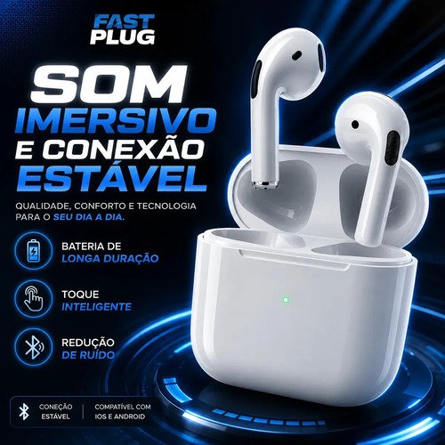 Fone De Ouvido Bluetooth Sem Fio Bateria de Longa Duração Pro 4 Branco Conecta Rápido Fast Plug Com Case Carregador E Microfone