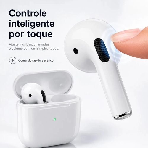 Fone De Ouvido Bluetooth Sem Fio Bateria de Longa Duração Pro 4 Branco Conecta Rápido Fast Plug Com Case Carregador E Microfone