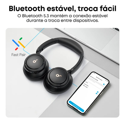 Fone De Ouvido Bluetooth Soundcore Anker Q30 Sem Fio Headphone Cancelamento De Ruído Anc Híbrido Headset Para Viagem Trabalho Estudo Gamer Hi-Res 60h Bateria App Carga Rápida Dobrável Conforto, Preto