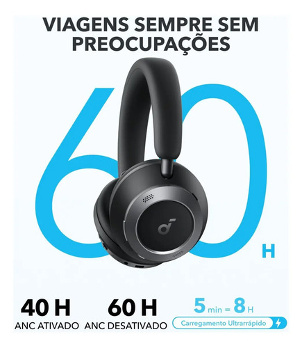 Fone de Ouvido Bluetooth Soundcore Space One Pro Sem Fio Headset Headphone ANC Cancelamento de Ruído Hi-Res LDAC Bateria 60h Viagens Escritório Conforto Premium Profissional Dobrável FlexiCurve Preto