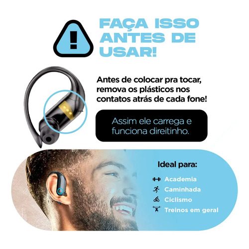 Fone de Ouvido Bluetooth TWS Esportivo com Gancho para Academia e Corrida