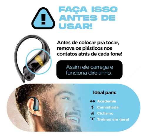 Fone de Ouvido Bluetooth TWS Esportivo com Gancho para Academia e Corrida
