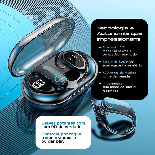 Fone de Ouvido Bluetooth TWS Esportivo com Gancho para Academia e Corrida