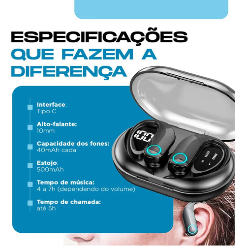Fone de Ouvido Bluetooth TWS Esportivo com Gancho para Academia e Corrida