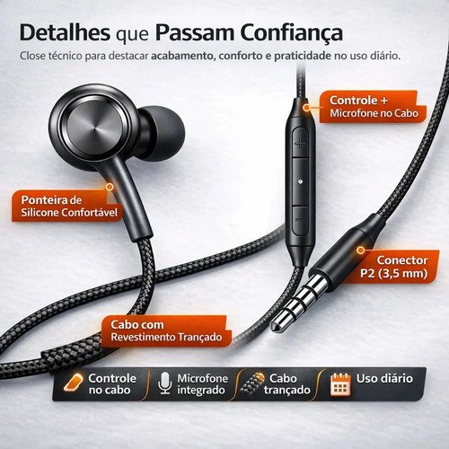 Fone De Ouvido Com Fio Intra Auricular 1.2 Metros 3.5mm Foninho Resistente C/ Microfone Anti Ruído Durável Xbox Games Esportivo Academia Corrida Celular Computador Notebook Original Alto C/ Entrada P2