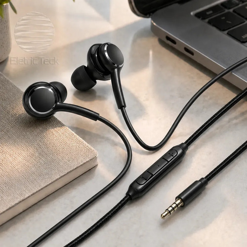 Fone de Ouvido com Fio Intra-auricular P2 3,5mm com Microfone Anti-Ruído Graves Potentes Cabo Nylon Reforçado Compativel Com Celular Notebook PC Xbox Games Uso Esportivo Academia Corrida Eletric Teck