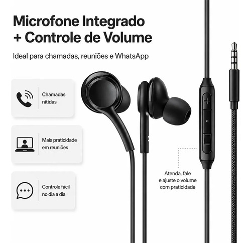 Fone de Ouvido com Fio Intra-auricular P2 3,5mm com Microfone Anti-Ruído Graves Potentes Cabo Nylon Reforçado Compativel Com Celular Notebook PC Xbox Games Uso Esportivo Academia Corrida Eletric Teck