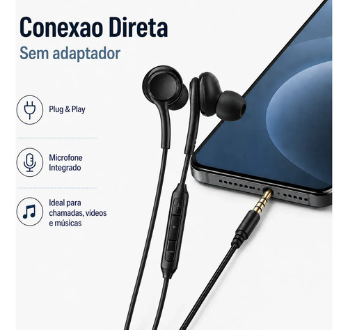 Fone de Ouvido com Fio Intra-auricular P2 3,5mm com Microfone Anti-Ruído Graves Potentes Cabo Nylon Reforçado Compativel Com Celular Notebook PC Xbox Games Uso Esportivo Academia Corrida Eletric Teck