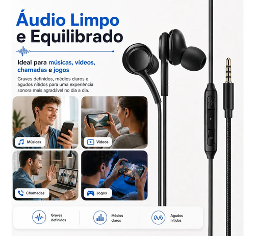 Fone de Ouvido com Fio Intra-auricular P2 3,5mm com Microfone Anti-Ruído Graves Potentes Cabo Nylon Reforçado Compativel Com Celular Notebook PC Xbox Games Uso Esportivo Academia Corrida Eletric Teck