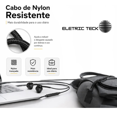 Fone de Ouvido com Fio Intra-auricular P2 3,5mm com Microfone Anti-Ruído Graves Potentes Cabo Nylon Reforçado Compativel Com Celular Notebook PC Xbox Games Uso Esportivo Academia Corrida Eletric Teck