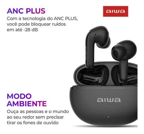Fone de Ouvido Earbud AIWA EB-01-B Bluetooth IPX5 ANC Modo Ambiente