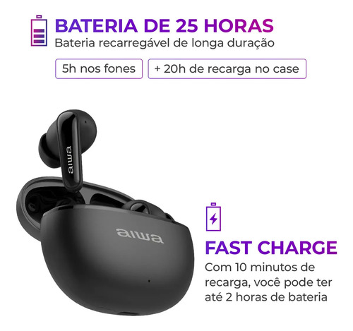Fone de Ouvido Earbud AIWA EB-01-B Bluetooth IPX5 ANC Modo Ambiente
