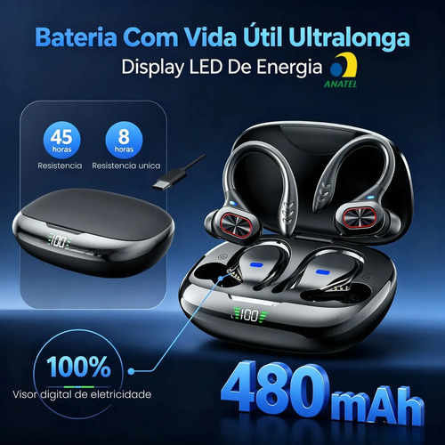 Fone de Ouvido Esportivo S730 Sem Fio Bluetooth 5.3 com Gancho para Corrida e Academia