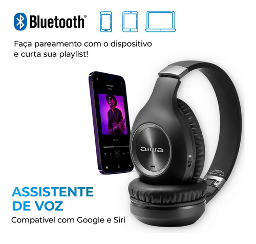 Fone de Ouvido Headphone AIWA HP-02-B Bluetooth ANC Alta Definição