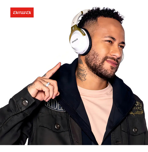 Fone De Ouvido Headphone Neymar Jr. Aiwa AWS-HP-NJ-01-WG Bluetooth Branco/dourado EDIÇÃO LIMITADA