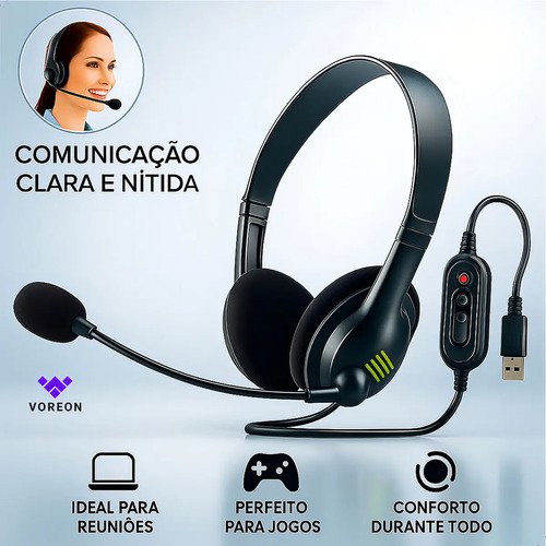 Fone De Ouvido Headset Office Usb Microfone Reunião Empresa Call Computador Telefone Pc Notebook Microfone Para Reunião Home Office Jogos Trabalho Empresa Marca Voreon