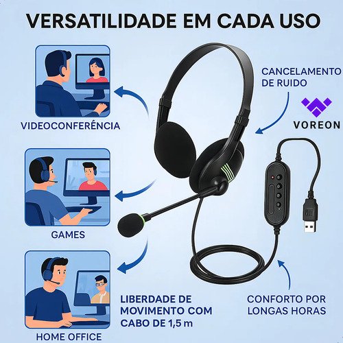 Fone De Ouvido Headset Office Usb Microfone Reunião Empresa Call Computador Telefone Pc Notebook Microfone Para Reunião Home Office Jogos Trabalho Empresa Marca Voreon