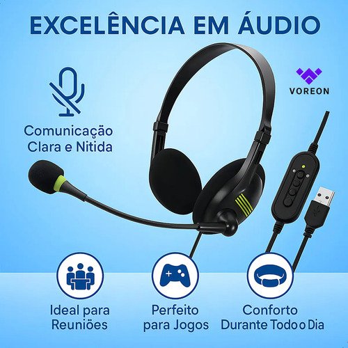 Fone De Ouvido Headset Office Usb Microfone Reunião Empresa Call Computador Telefone Pc Notebook Microfone Para Reunião Home Office Jogos Trabalho Empresa Marca Voreon