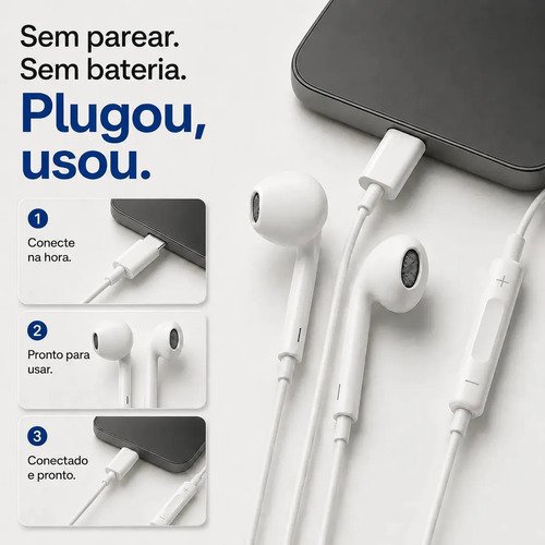 Fones De Ouvido Usb-c Tipo C Com Microfone Integrado Som Estéreo Alta Qualidade Controle De Chamadas Compatível Com iPhone 15 16 17 Android Samsung Xiaomi Motorola Conexão Direta Premium Eletric Teck