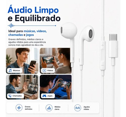 Fones De Ouvido Usb-c Tipo C Com Microfone Integrado Som Estéreo Alta Qualidade Controle De Chamadas Compatível Com iPhone 15 16 17 Android Samsung Xiaomi Motorola Conexão Direta Premium Eletric Teck
