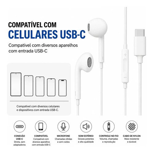 Fones De Ouvido Usb-c Tipo C Com Microfone Integrado Som Estéreo Alta Qualidade Controle De Chamadas Compatível Com iPhone 15 16 17 Android Samsung Xiaomi Motorola Conexão Direta Premium Eletric Teck