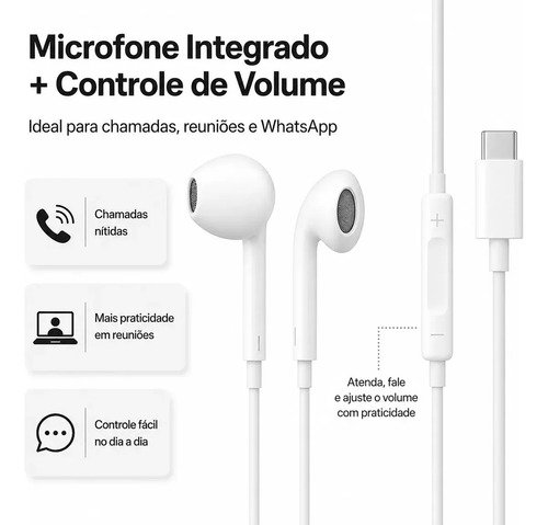 Fones De Ouvido Usb-c Tipo C Com Microfone Integrado Som Estéreo Alta Qualidade Controle De Chamadas Compatível Com iPhone 15 16 17 Android Samsung Xiaomi Motorola Conexão Direta Premium Eletric Teck