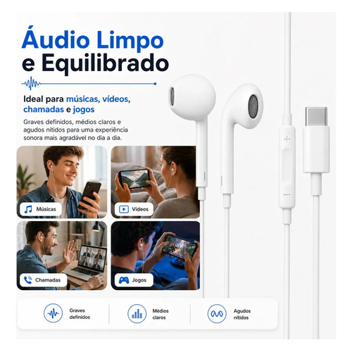 Fones De Ouvido Usb-c Tipo C Com Microfone Integrado Som Estéreo Alta Qualidade Controle De Chamadas Compatível Com iPhone 15 16 17 Android Samsung Xiaomi Motorola Conexão Direta Premium Eletric Teck