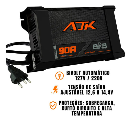 Fonte Carregador Automotiva 90A Bivolt AJK Carbon Bob Potência 1800W