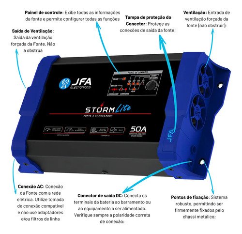 Fonte Carregador JFA Storm Lite 50A 1050W Bivolt Smart Cooler Azul